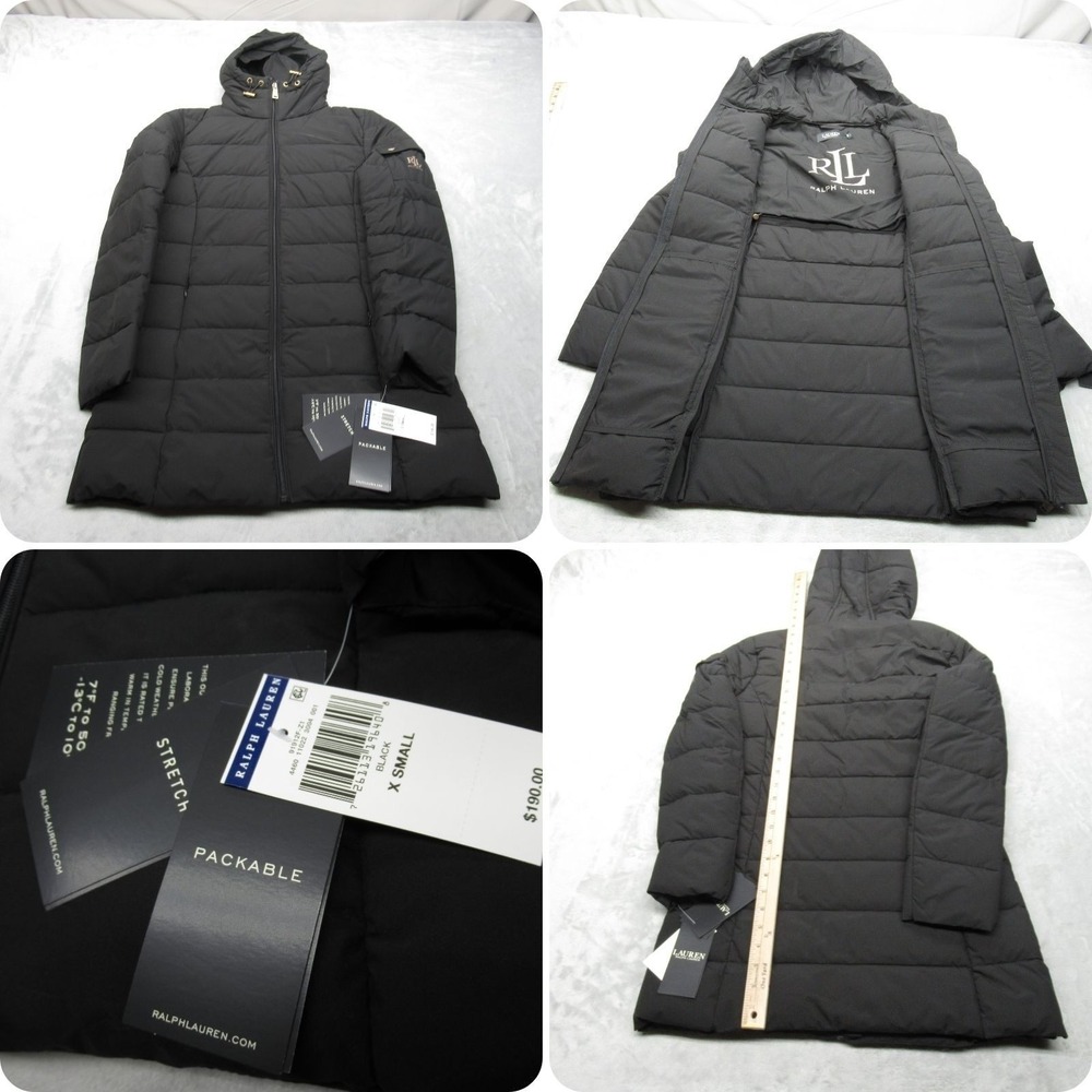 Ralph Lauren Down Jacket Women XS Black Packable Stretch Hooded Puffer NWD